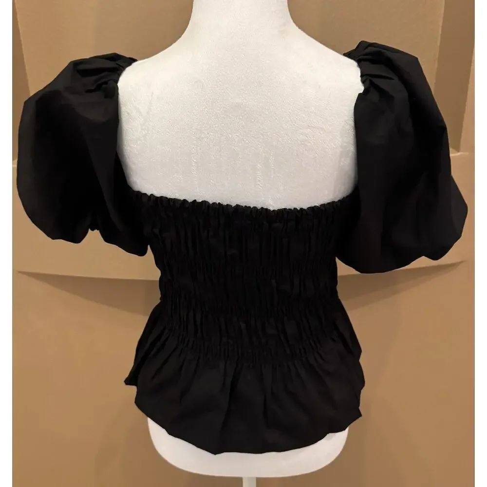 Astr The Label Savina Top Black Smocked Bubble Puff Sleeves Peplum Coquette Sz S